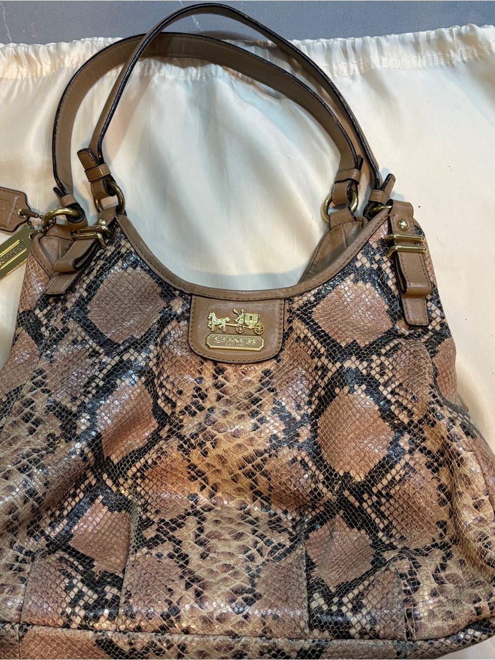 Coach Brown Snakeskin-Print Shoulder Bag with Gold Hardware